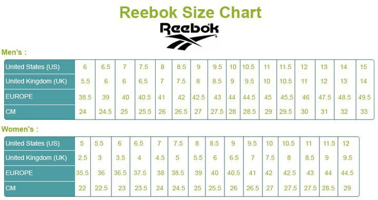 reebok size cm