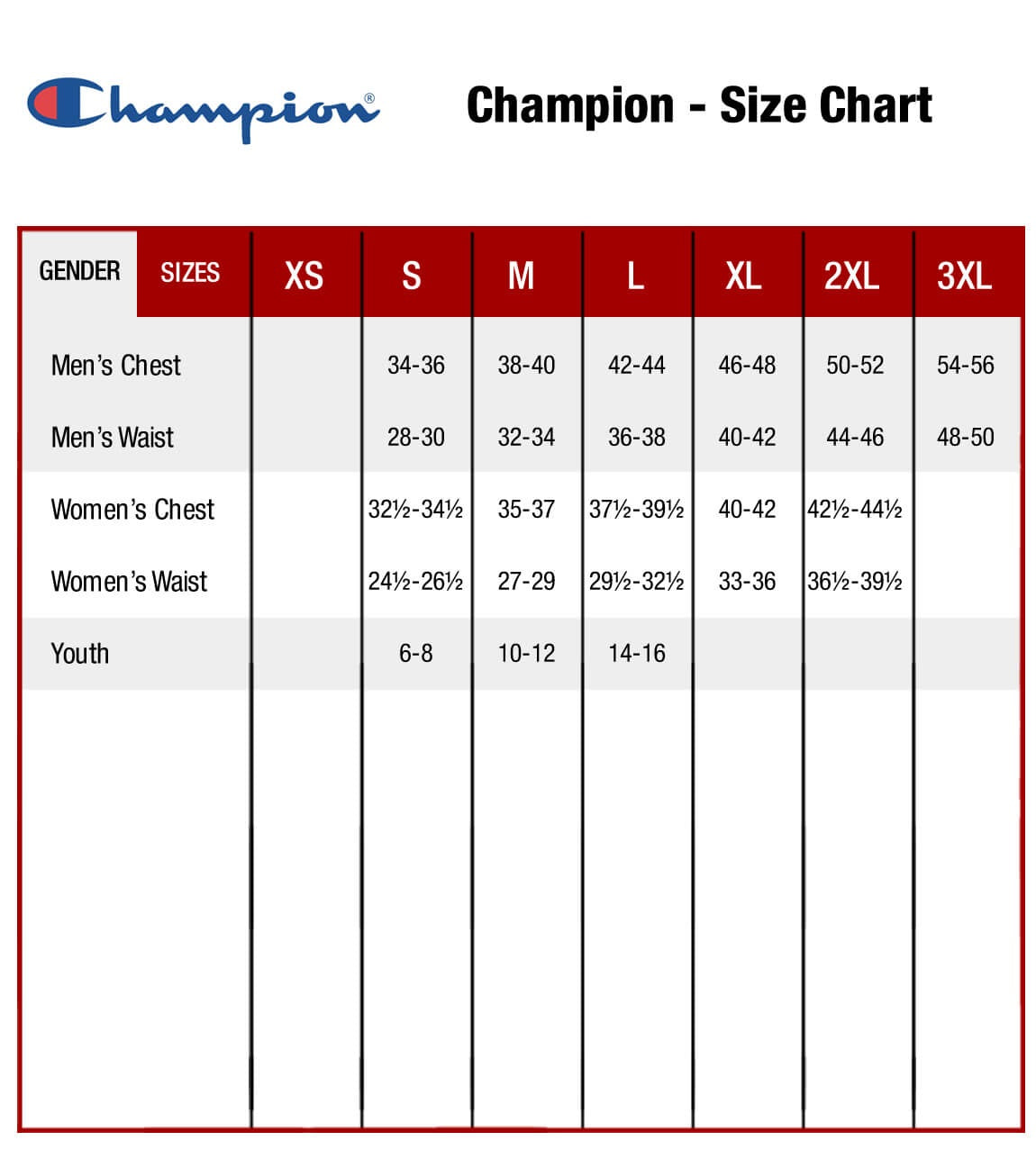 Champion Hoodie Size Chart