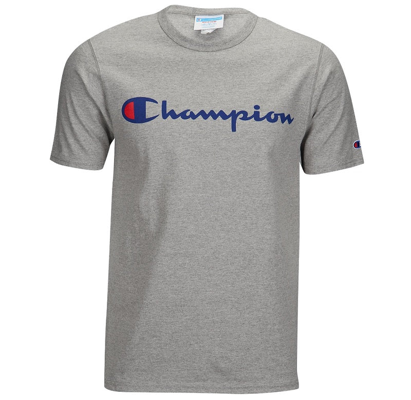 grey and blue champion shirt