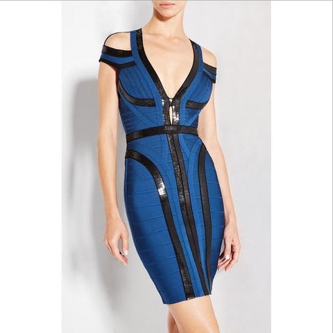 Deep V-neck Off-shoulder Blue Bandage Dress