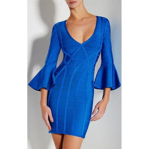 3/4 Flare Sleeves Blue Bandage Dresses