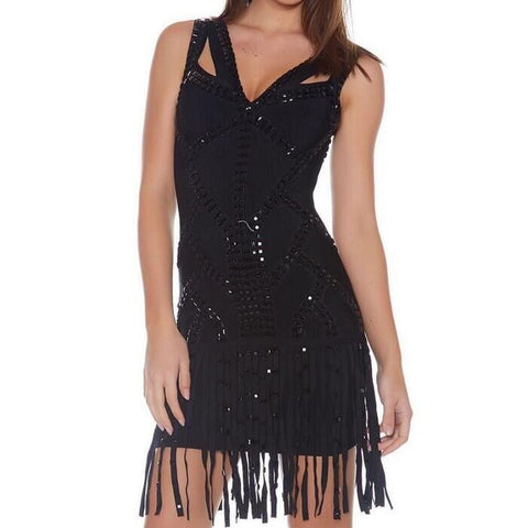 Stud Tassel V-neck Black Club Bodycon Dresses