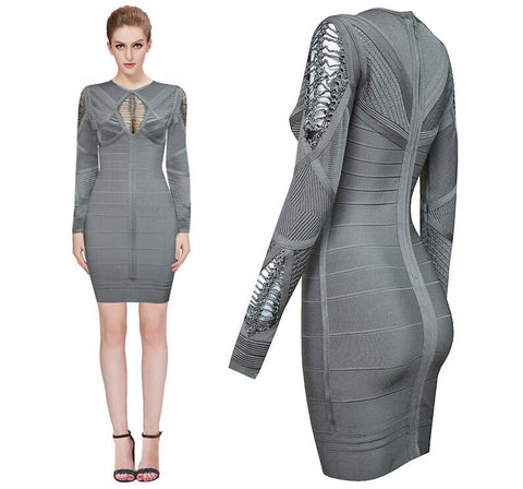 Cut Out Long Sleeves Gray Bandage Dress