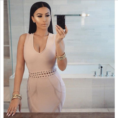 Soft V-neck Apricot Pink Pencil Bandage Dresses