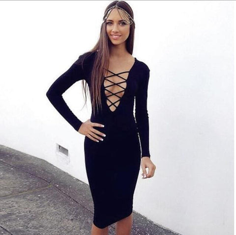 lace-ups V-neck Long Sleeves Black Bodycon Dress