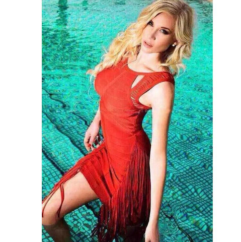 Scoop Neck Red Tassel Bandage Dresses