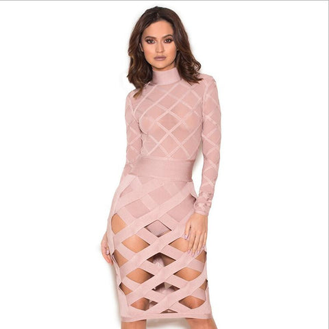 High Neck Diamond Hollows Long Sleeves Pink Bandage Dresses Manufacturers