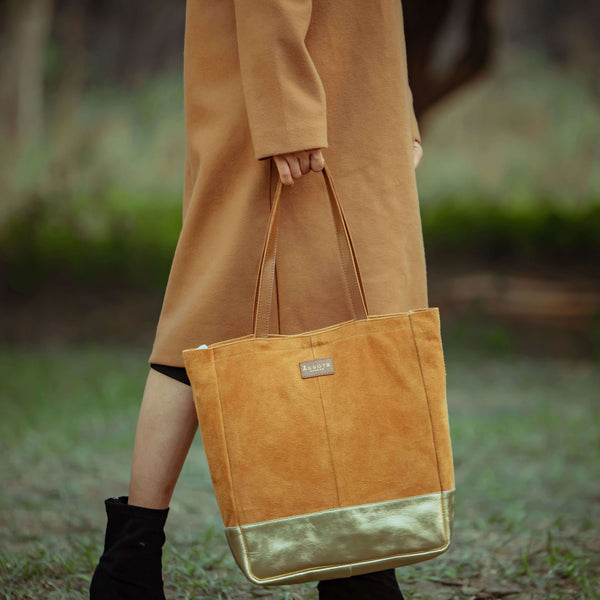 Yellow Gold Metallic Real Leather Shopper Unlined Tote Bag for