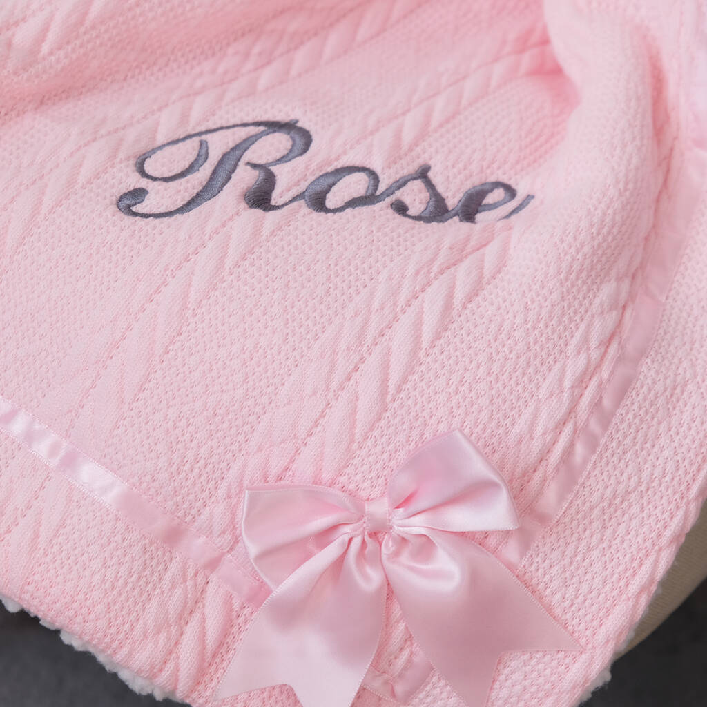 Personalised Knitted Baby Pink Blanket With Bow Blankets For Girls