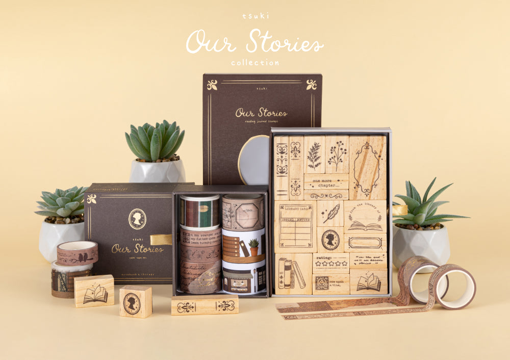 Tsuki Our Stories collection including washi tape set and reading journal stamps