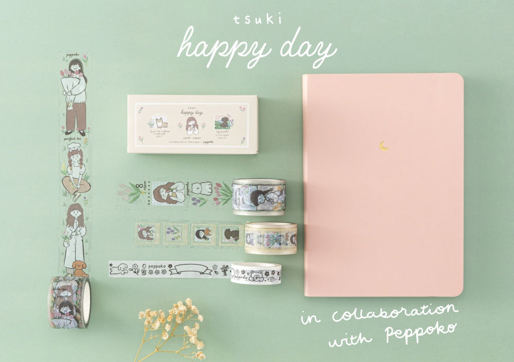 Tsuki Happy Day flatlay with Tsuki Pastel Sakua Pink bullet journal and washi tape set