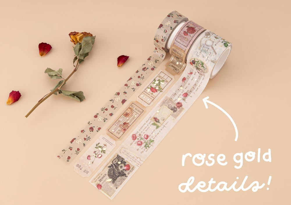 4 rolls from Moonlit Alchemy washi tape set on black background and text that says 'rose gold foil details'