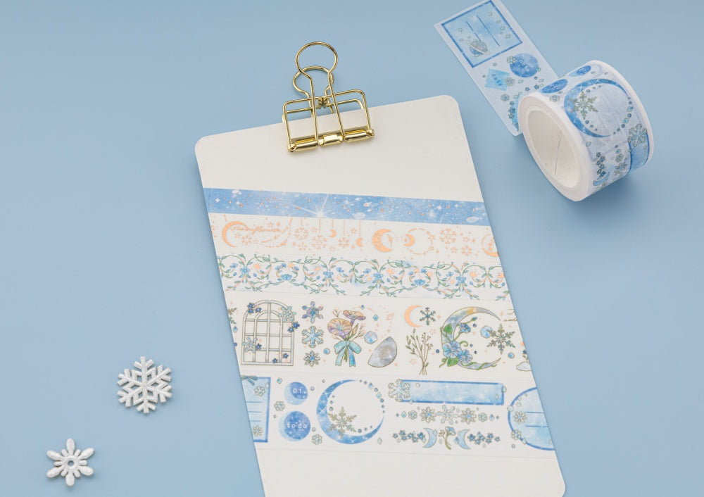 Swatch of Winter Moonflower washi tape set on white card with gold clip