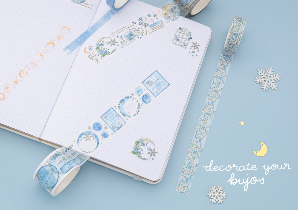 Winter Moonflower washi tapes on white bullet journal with text Decorate your bujos