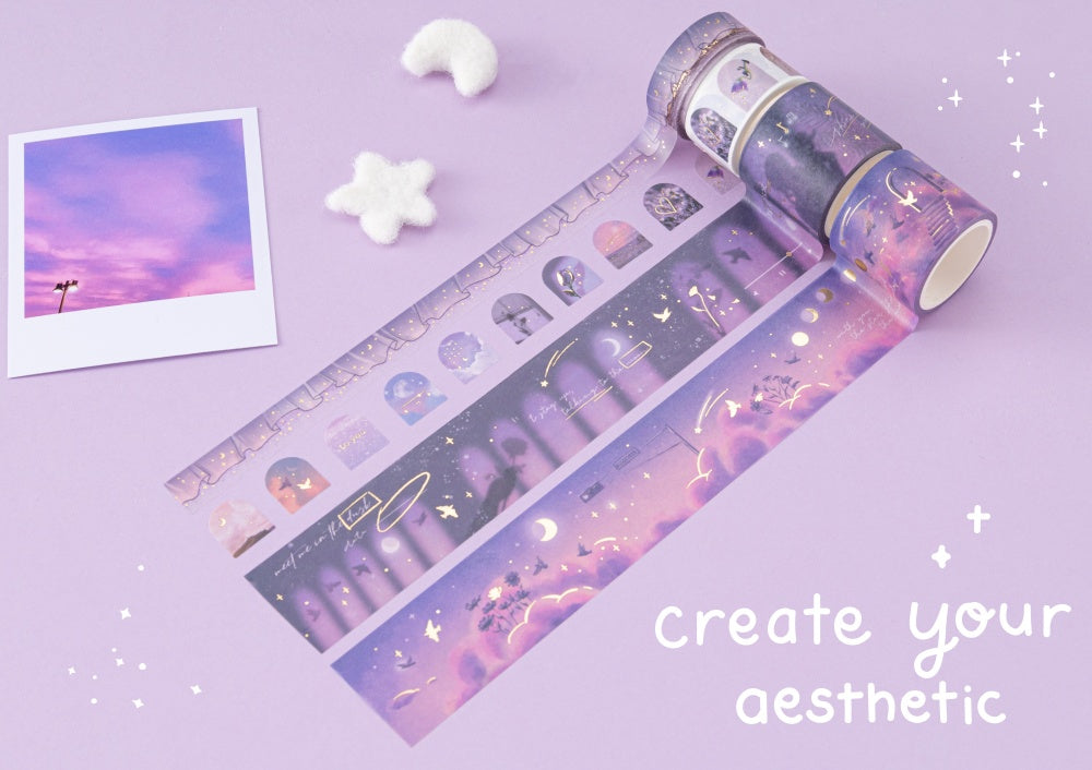 Create your aesthetic with twilight hour washi tapes. 4 rolls on purple background