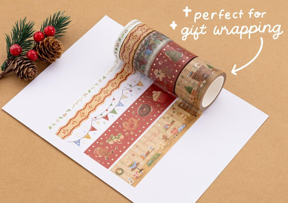 Flatlay of opened Winter Moonflower washi tape set box with text beautiful gift box