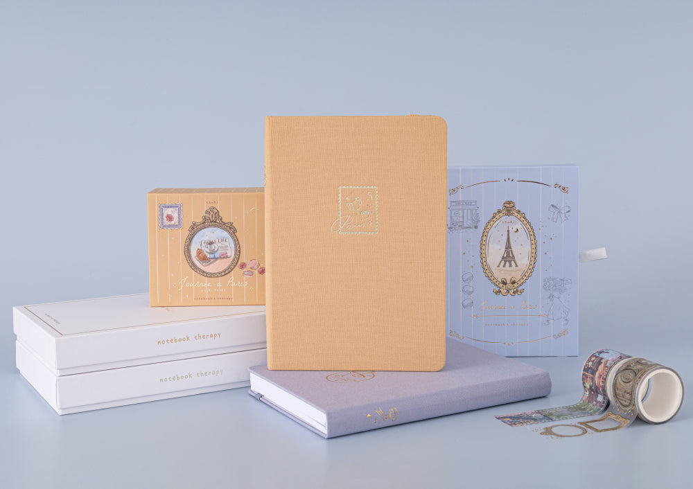 Tsuki Love Lock notebook and washi flatlay with 3 stamps on the side