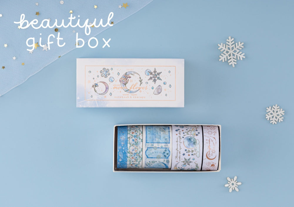 Flatlay of opened Winter Moonflower washi tape set box with text beautiful gift box