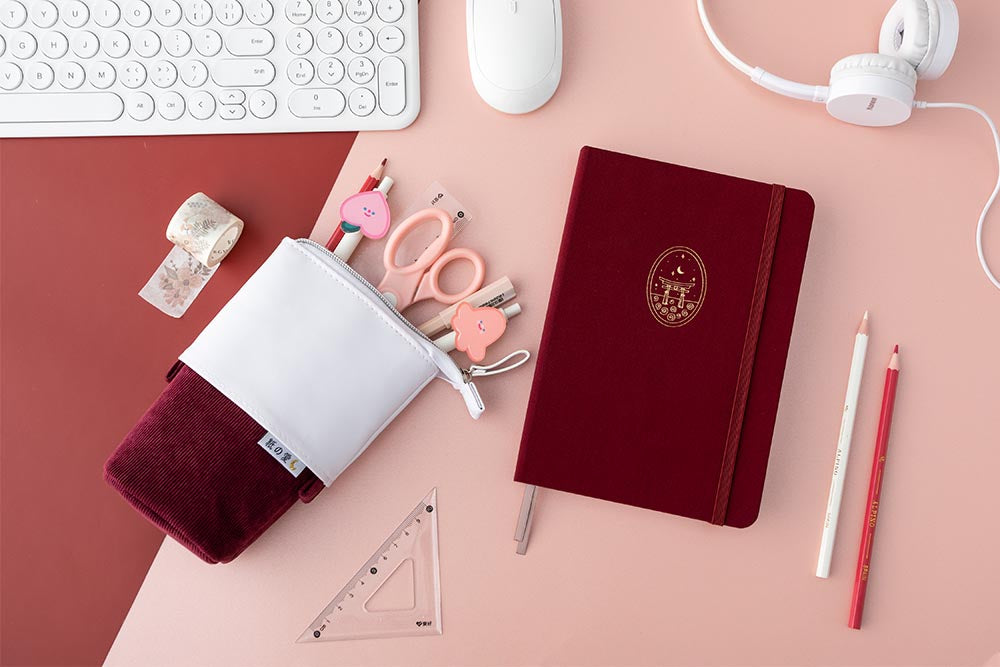 Pop up pencil case dark red and torii notebook