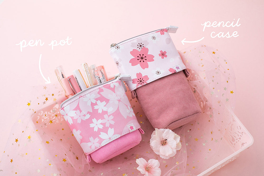 Blush pink and petal pink sakura themed pop-up pencil cases