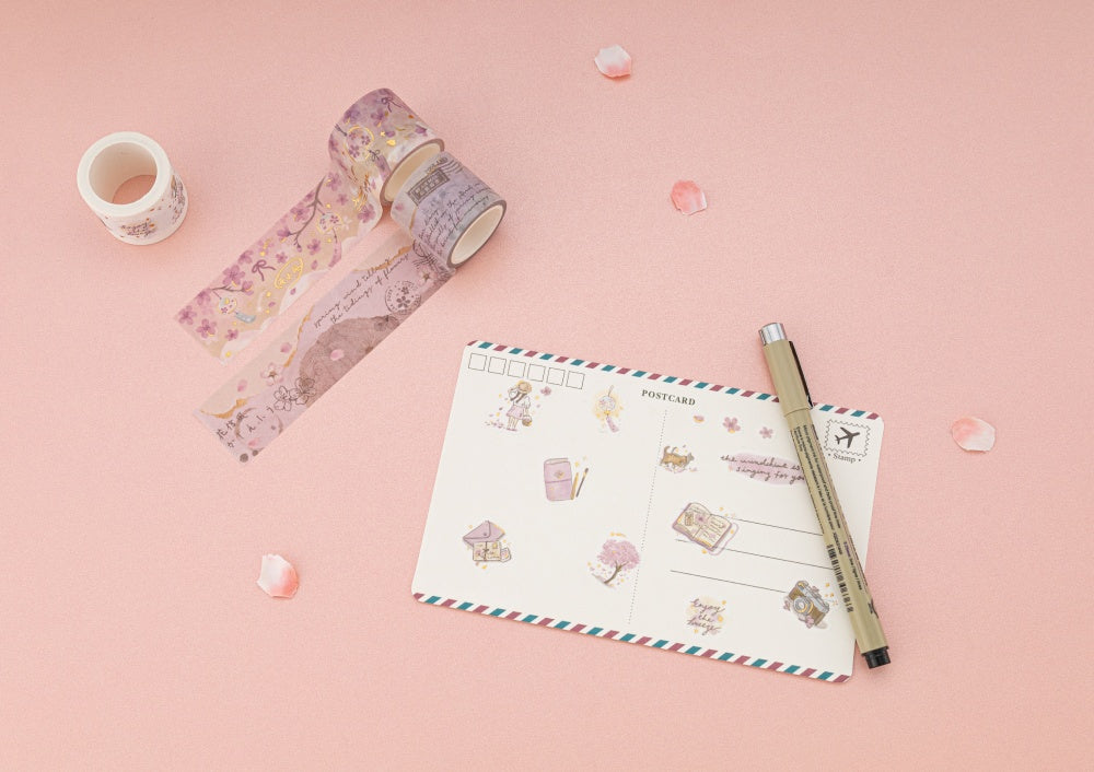 Sakura themed washi tapes on postcard