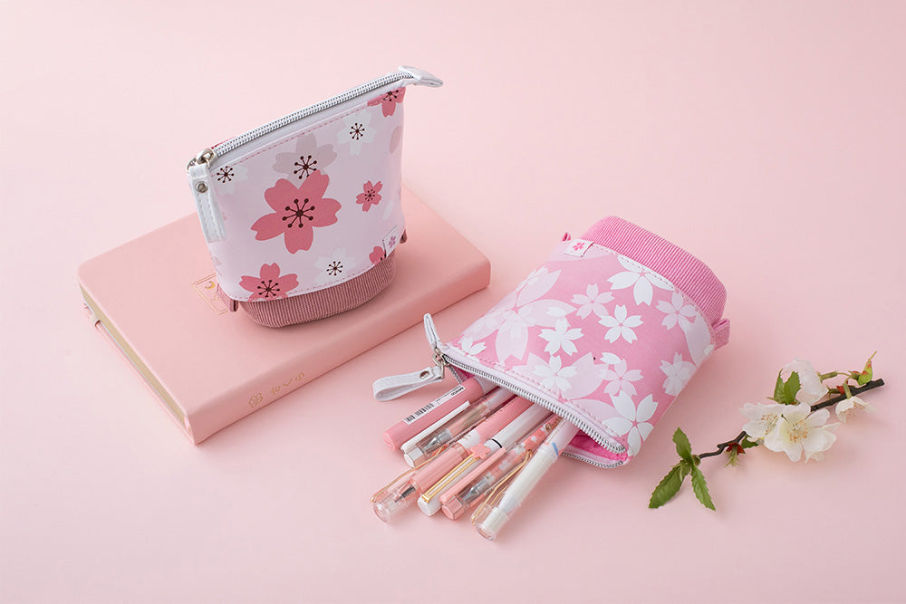 Sakura pop-up pencil cases and petal pink cherry blossom fuji-san themed bullet journal notebook