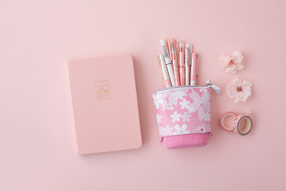 Petal pink sakura themed pop-up pencil case and bullet journal notebook