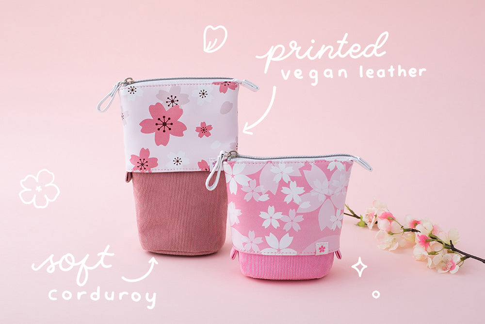 Blush pink and petal pink sakura themed pop-up pencil cases in soft corduroy and printed vegan leather