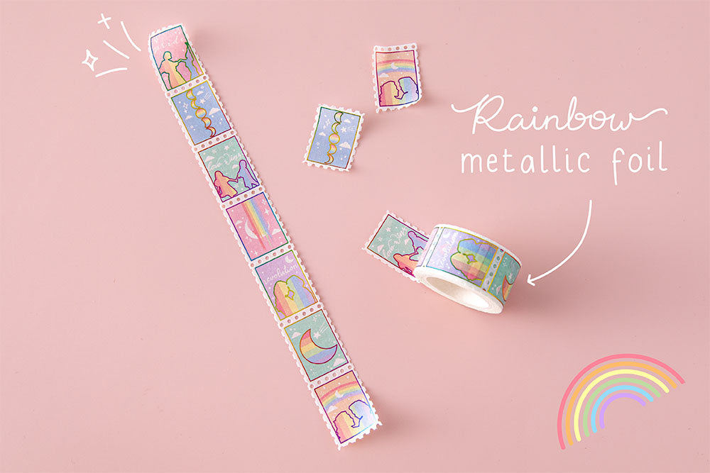 Tsuki Rainbow Pride Washi Tape with rainbow metallic foil on light pink background