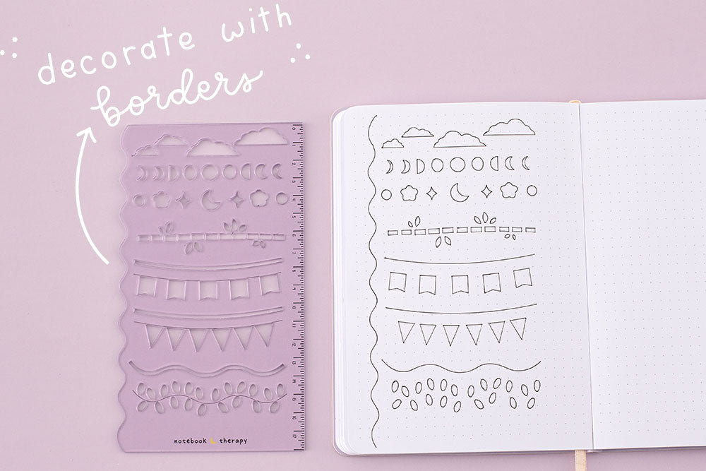 Lilac purple stencil sheet to draw decorative borders on bullet journal spreads