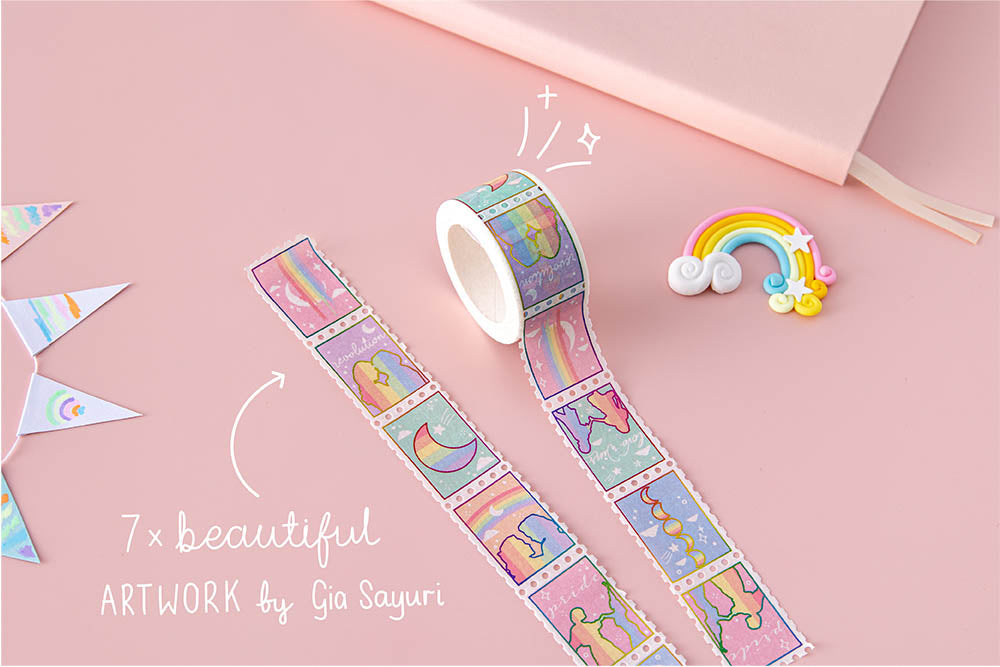 Tsuki Rainbow Pride Washi Tape with seven beautiful artwork stamps by Gia Sayuri with rainbow and bunting on light pink background