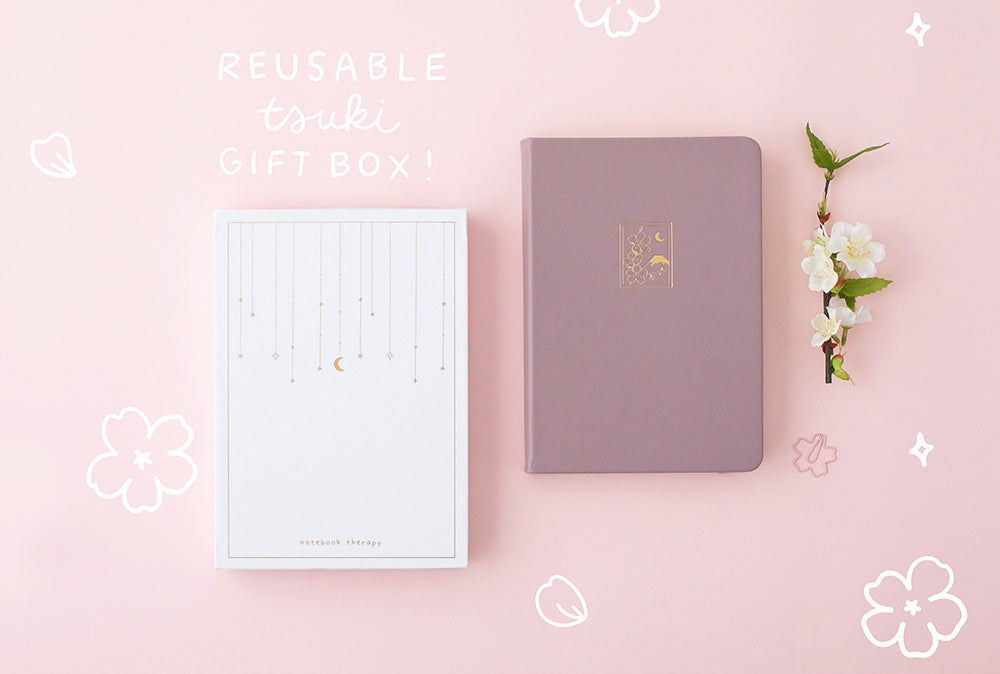 tsuki reusable box and blush pink bullet journal