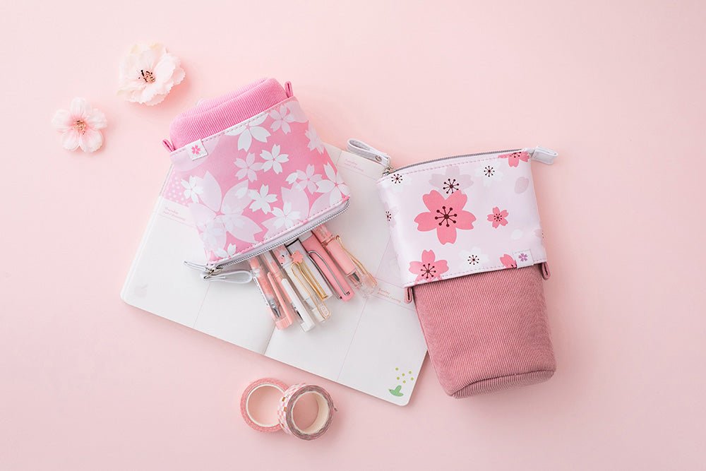 Petal pink sakura edition pop-up pencil case as a pen pot and blush pink cherry blossom themed pop-up pencil case in full size