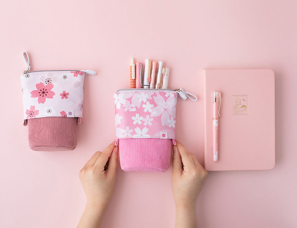 Sakura pop-up pencil cases and petal pink cherry blossom fuji-san themed bullet journal notebook