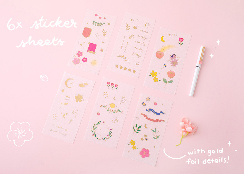 Tsuki Floral collection 6 sticker sheets laid out on pink background