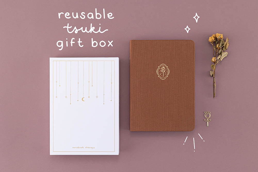 Tsuki ‘Vintage Rose’ Limited Edition Bullet Journal with luxury eco-friendly gift box and free rose paperclip gift with dried flowers on mauve background