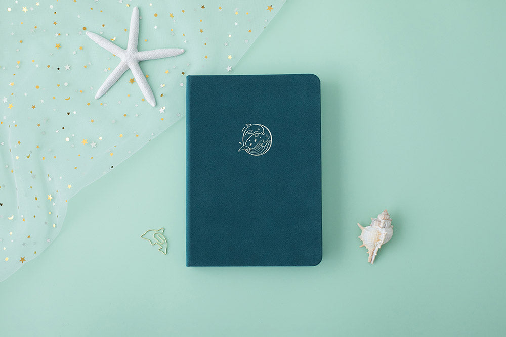 Tsuki sea green textured leather Dolphin Days notebook with starfish and seashell and free dolphin gift on green background