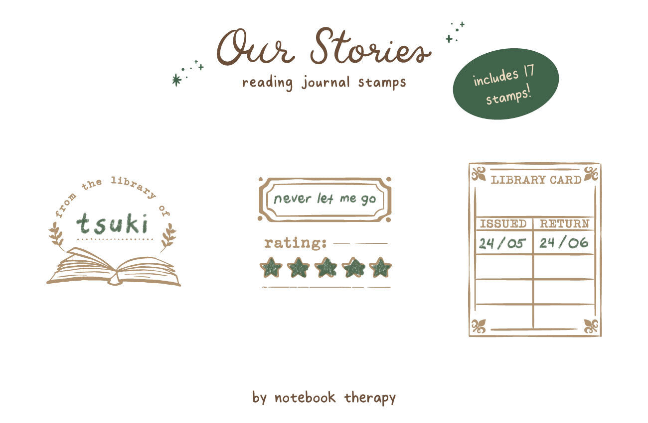 Our Stories reading journal stamps includes 17 stamps