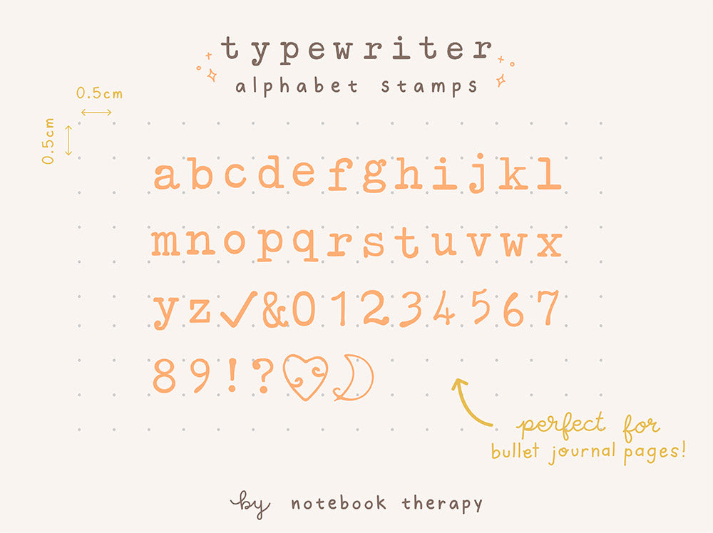 Set of 42 Tsuki Bullet Journal Typewriter Style Alphabet Stamps demonstrated in orange ink on beige background