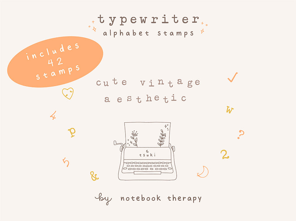 Set of 42 Tsuki Bullet Journal Typewriter Style Alphabet Stamps with cute vintage aesthetic and typewriter illustration on beige background