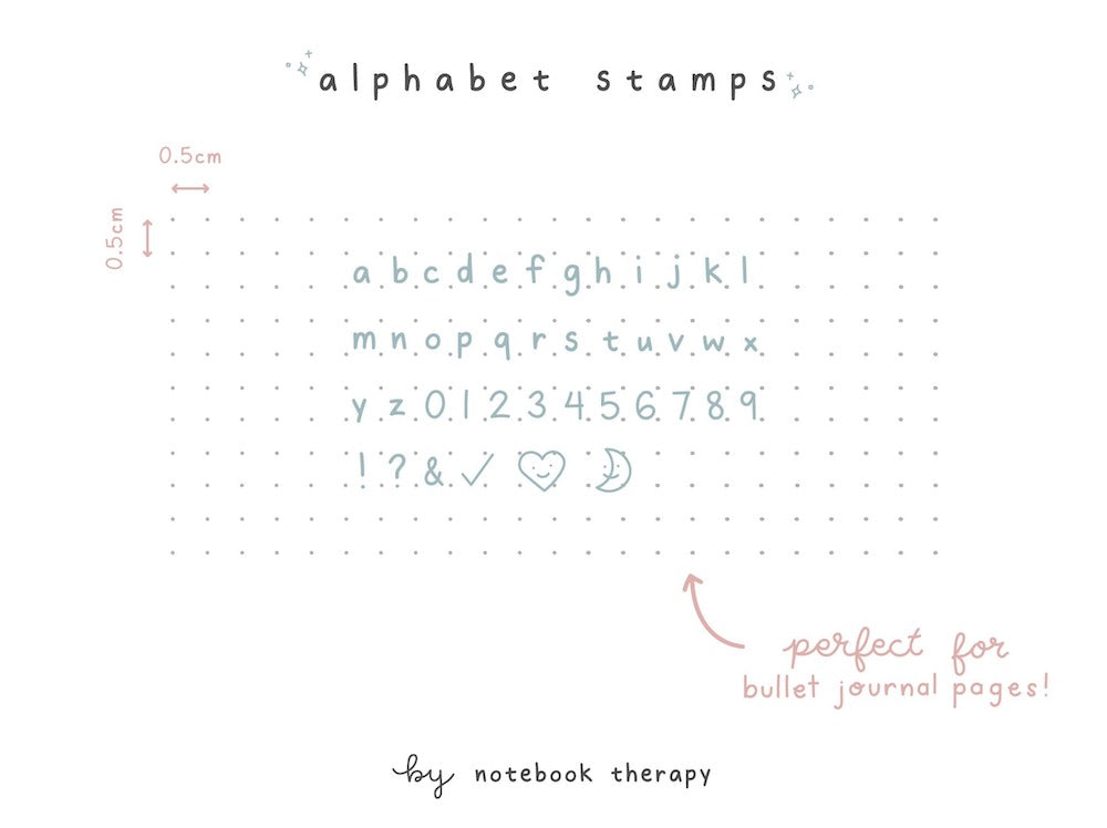 Tsuki Bullet Journal Alphabet Stamps Infographic to show how the letters, numbers and symbols fit into 0.5 x 0.5cm dot grid journal pages