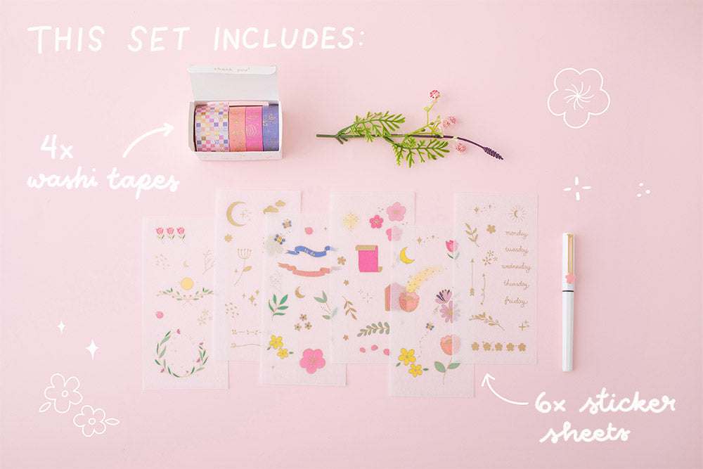 what is included in the Tsuki Floral collection washi tapes and sticker sheets on pink background