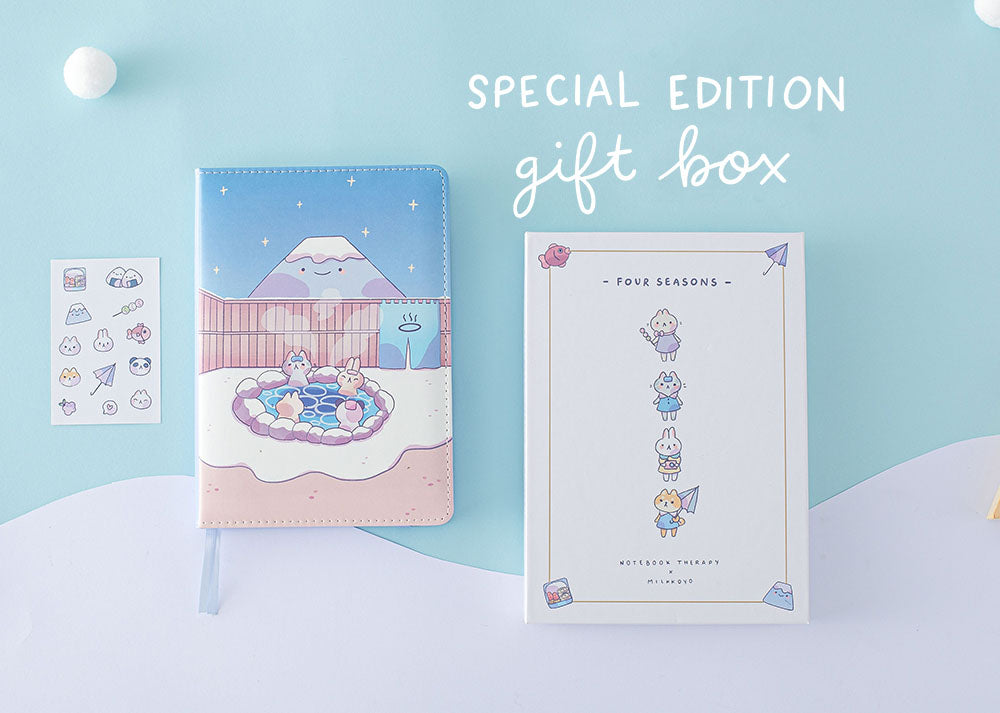 Japanese Stationery Flattlay with reusable cute aesthetic gift box, stickers and bullet journal
