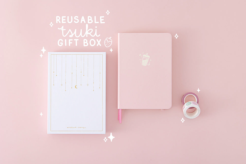 Tsuki ‘Ichigo’ Limited Edition Boba Bullet Journal with luxury eco-friendly reusable gift box and Tsuki ‘Matcha Ichigo’ Washi Tapes on light pink background