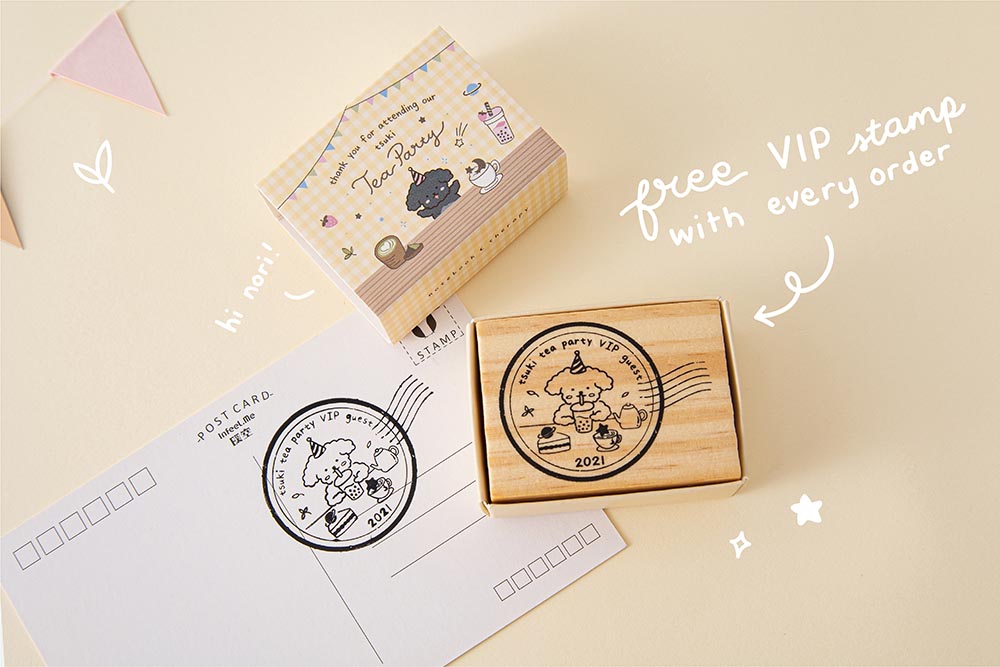 Tsuki Tea Party Collection free VIP two year Tsiki Anniversary Stamp with postcard on beige background