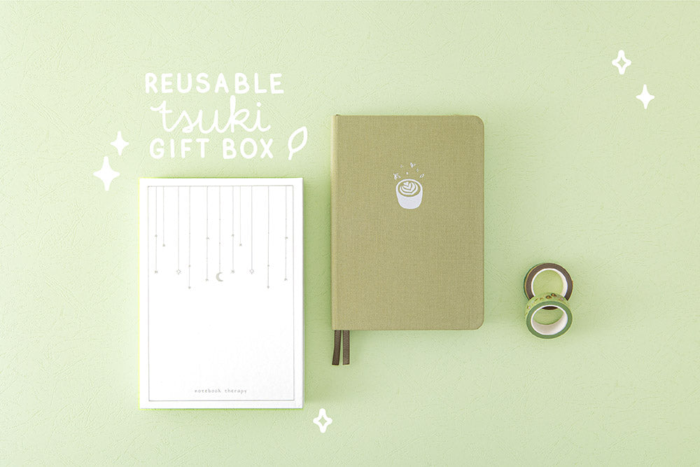 Tsuki ‘Matcha Matcha’ Limited Edition Bullet Journal with luxury eco-friendly reusable gift box and Tsuki ‘Matcha Ichigo’ Washi Tapes on matcha green background