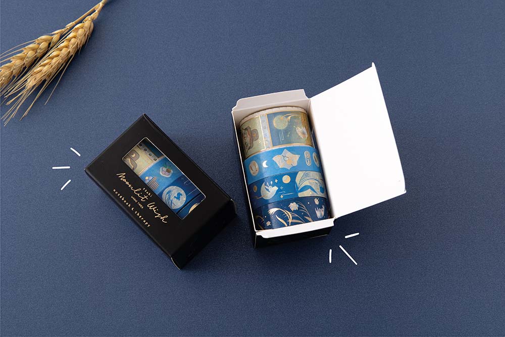 Tsuki ‘Moonlit Wish’ Washi Tape Set in mid-autumn box with wheat reeds on dark blue background