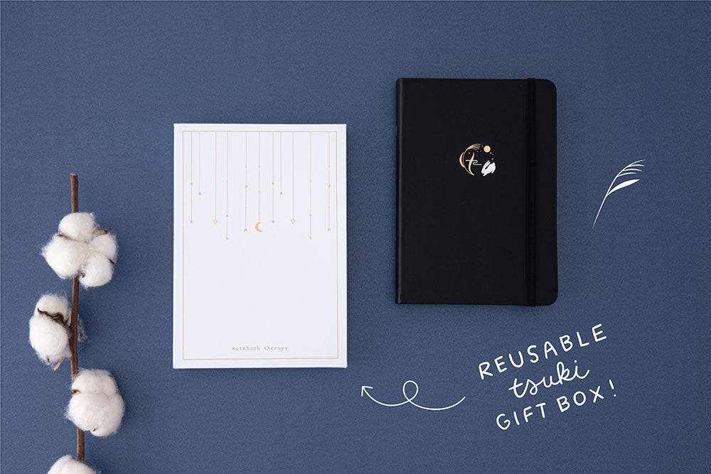 Tsuki ‘Moonlit Wish’ Limited Edition Bullet Journal with reusable Tsuki gift box with cotton flowers on dark blue background