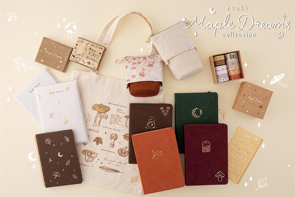 Tsuki Maple Dreams Collection including Tsuki ‘Kitsune’ Limited Edition Fox Bullet Journal and Tsuki ‘Nara’ Limited Edition Bullet Journal and Tsuki ‘Kinoko’ Limited Edition Bullet Journal and Tsuki ‘Midnight Garden’ Limited Edition Bullet Journal with Tsuki ‘Maple Dreams’ Washi Tapes Set and Tsuki ‘Maple Dreams’ Bullet Journal Stamp Set and Tsuki ‘Vintage Kinoko’ Tote Bag and Tsuki Bullet Journal Stencil Set in Neutral and Tsuki ‘Maple Dreams’ Kraft Paper Limited Edition Bullet Journals and Tsuki ‘Maple Dreams’ Ringbound Bullet Journal and Tsuki ‘Maple Dreams’ Pop Up Pencil Cases in maple and stone and Tsuki Mixed Scrapbook Paper Pack and Tsuki Handmade Petal Paper Pack on cream background