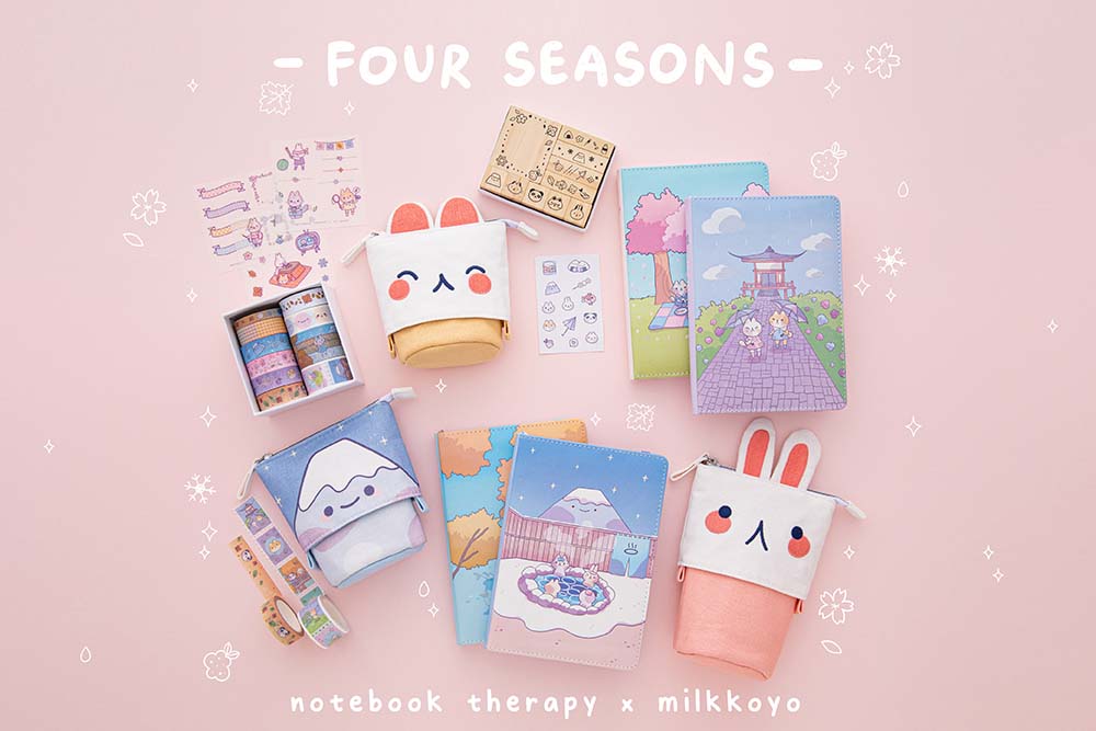 Full Tsuki ‘Four Seasons’ Collection by Notebook Therapy x Milkkoyo on petal pink background